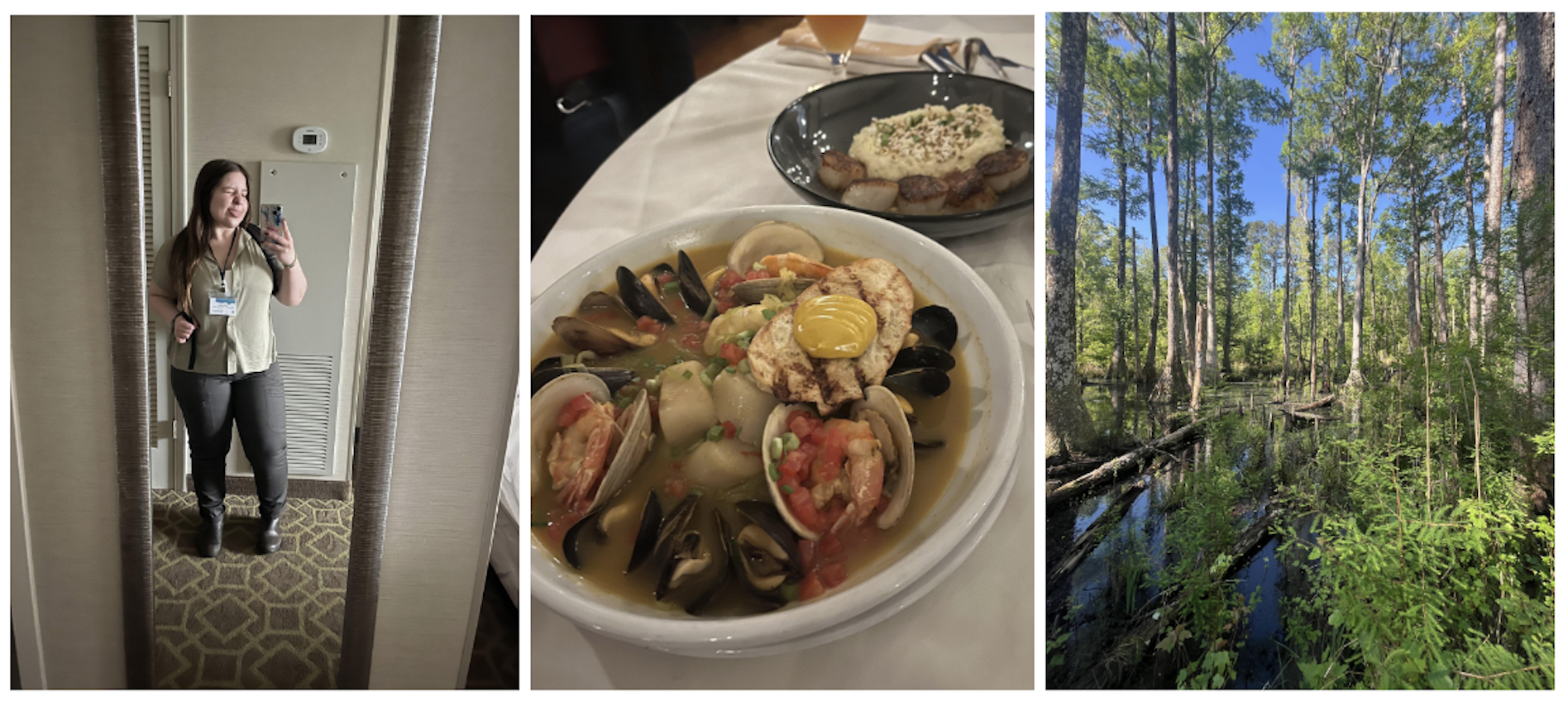 Three photos: first - mirror selfie of aubrey jane; middle - some sort of seafood dish with clams, mussels, and scallops; third - a swamp. 